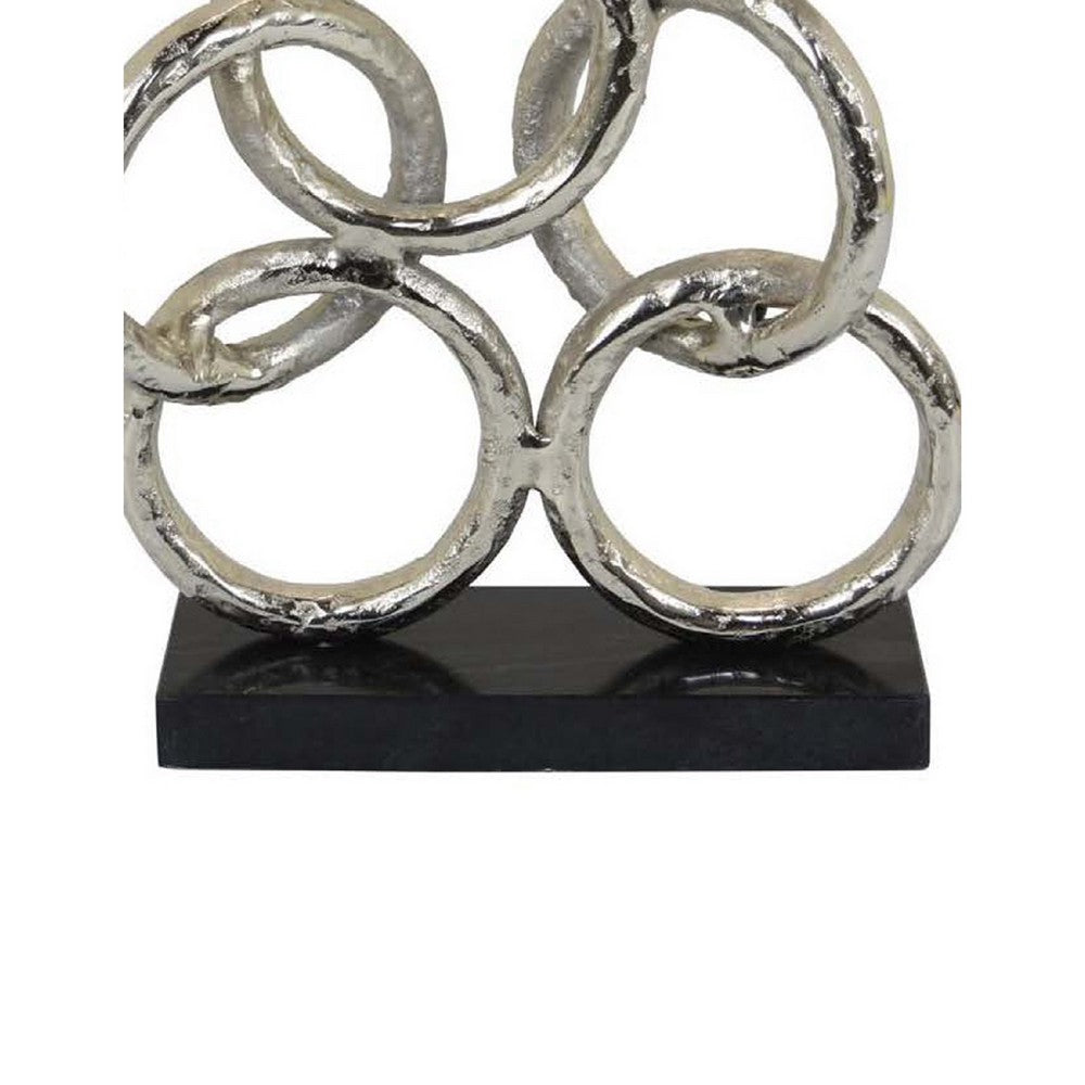 Abstract Interlinked Ring Sculpture w Black Base, 15 Inch Silver Metal -BM335577
