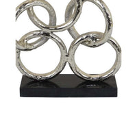 Abstract Interlinked Ring Sculpture w Black Base, 15 Inch Silver Metal -BM335577