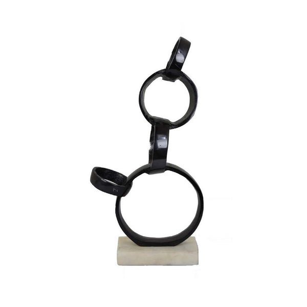 Lo Abstract Interlinked Ring Sculpture, Solid White Base, Black Metal -BM335583