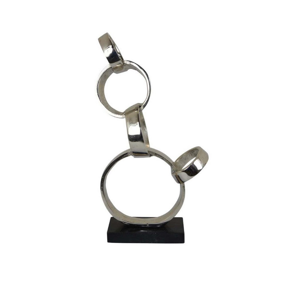 Lo Abstract Interlinked Ring Sculpture, Solid Black Base, Silver Metal -BM335584
