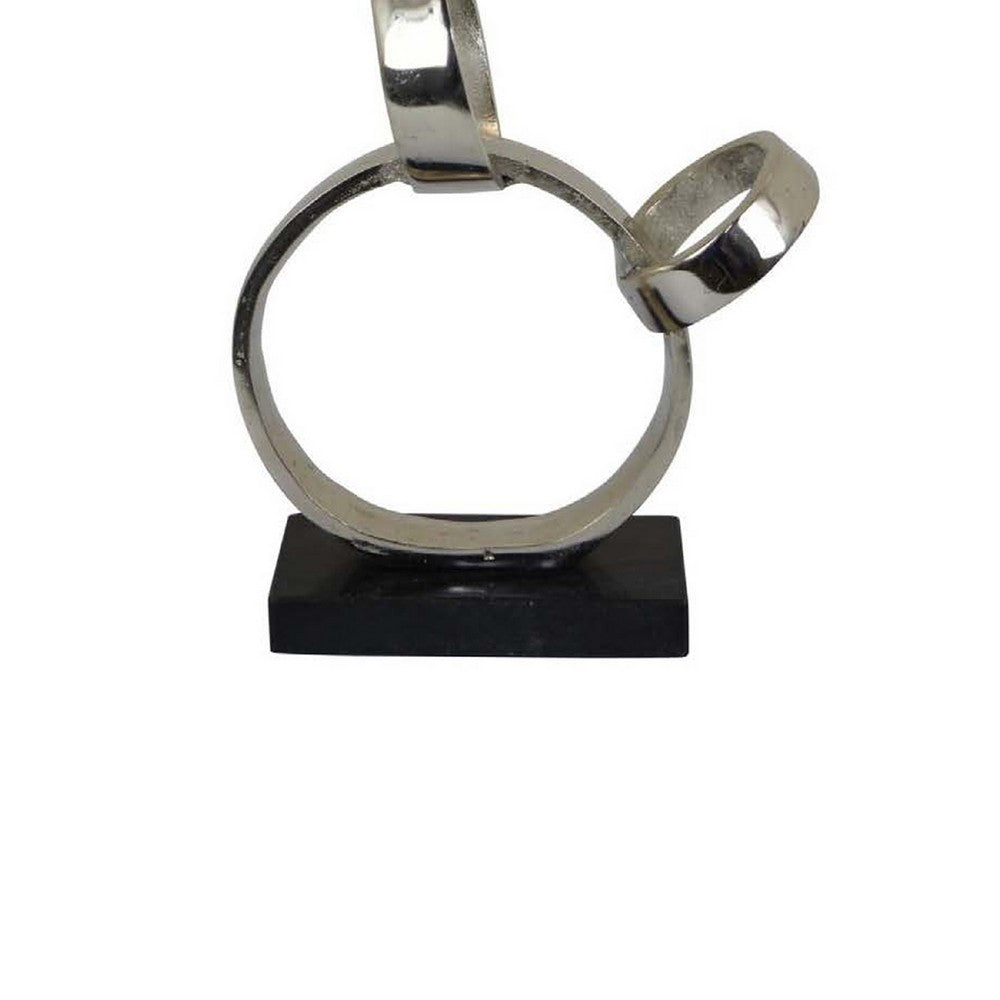 Lo Abstract Interlinked Ring Sculpture, Solid Black Base, Silver Metal -BM335584