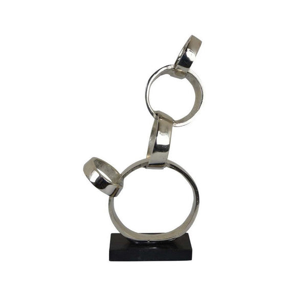 Lo Abstract Interlinked Ring Sculpture, Solid Black Base, Silver Metal -BM335584