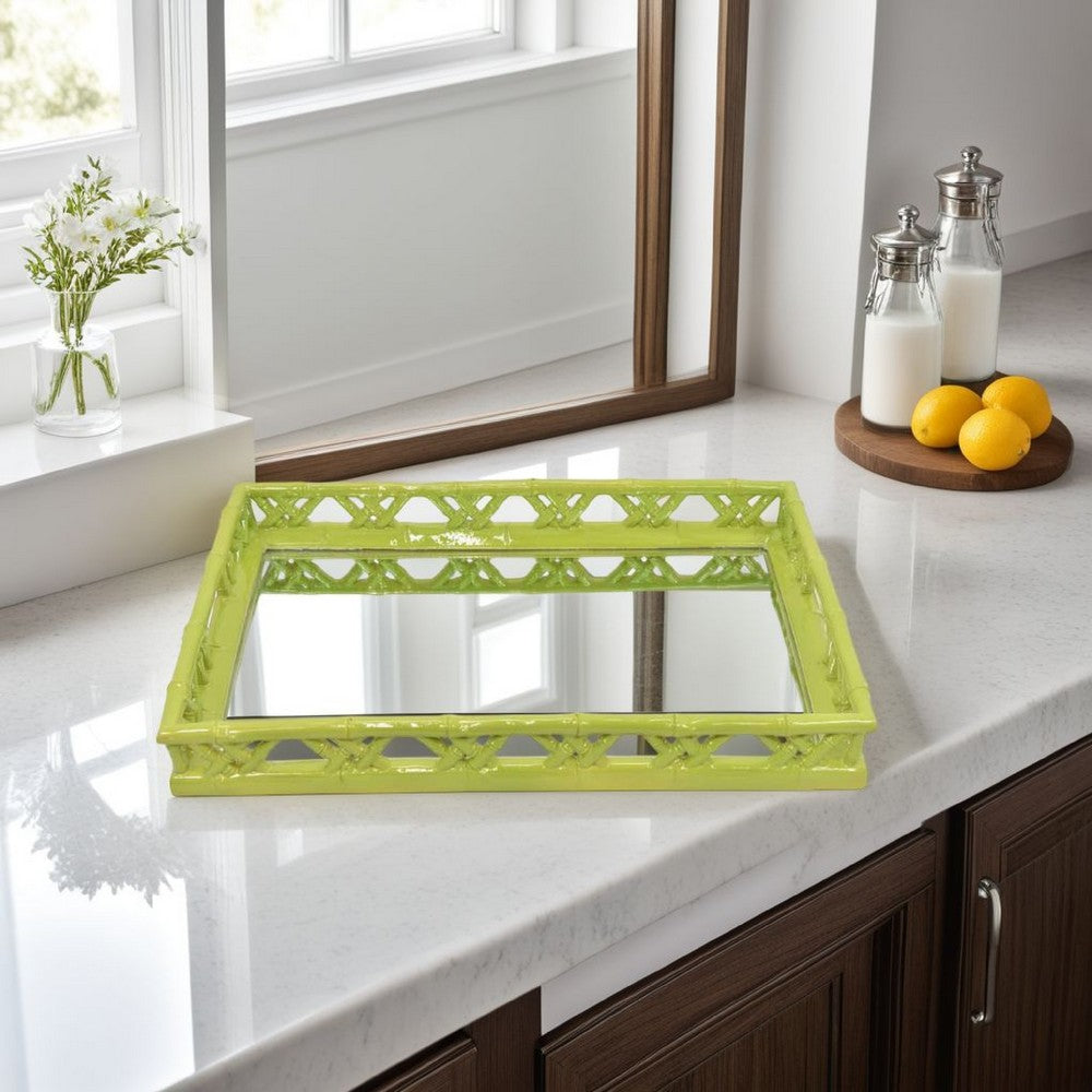 Aeny Accessory Tray with Mirror, 20 Inch, Bamboo Look Lime Green Resin -BM335587