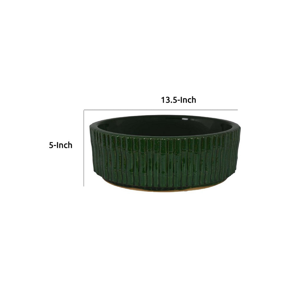 Limy Large Accessory Bowl, 14 Inch Textured, Dark Green Glazed Ceramic -BM335590