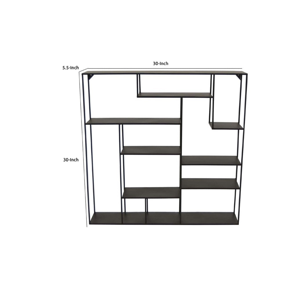 Ryl Storage Wall Rack, 30 Inch Asymmetry Open Shelves, Black Metal -BM335592