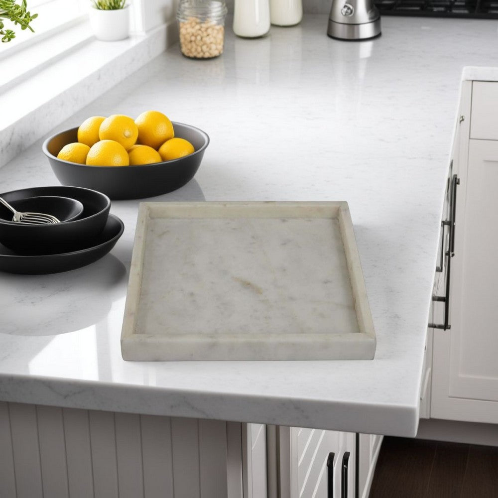 Tro Accessory Tray, 10 Inch Square, Raised Edge, White Marble Veined -BM335599