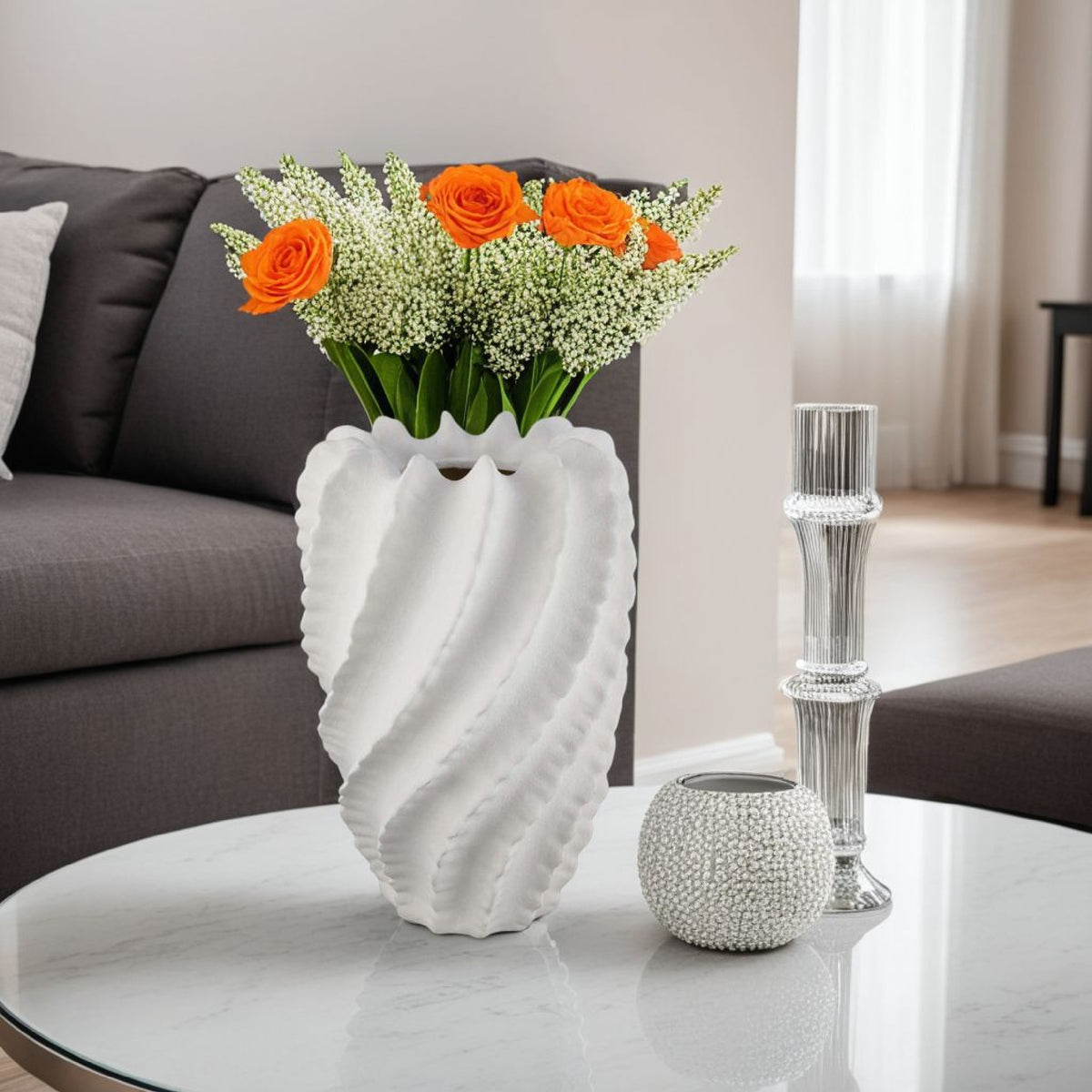 Velz Decorative Flower Vase, 18 Inch Wavy Shape, Matte White Ceramic -BM335606