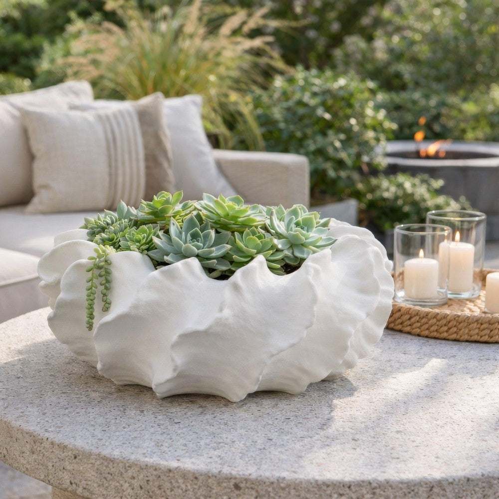 Velz Decorative Planter, 16 Inch Wavy Edge, Matte White Ceramic  -BM335608