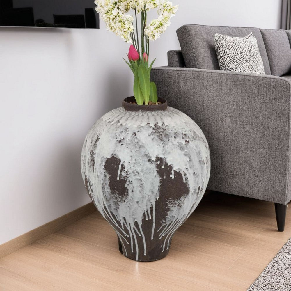 Gezy Decorative Flower Vase, 15 Inch Bulb Shape, Brown White Ceramic -BM335610