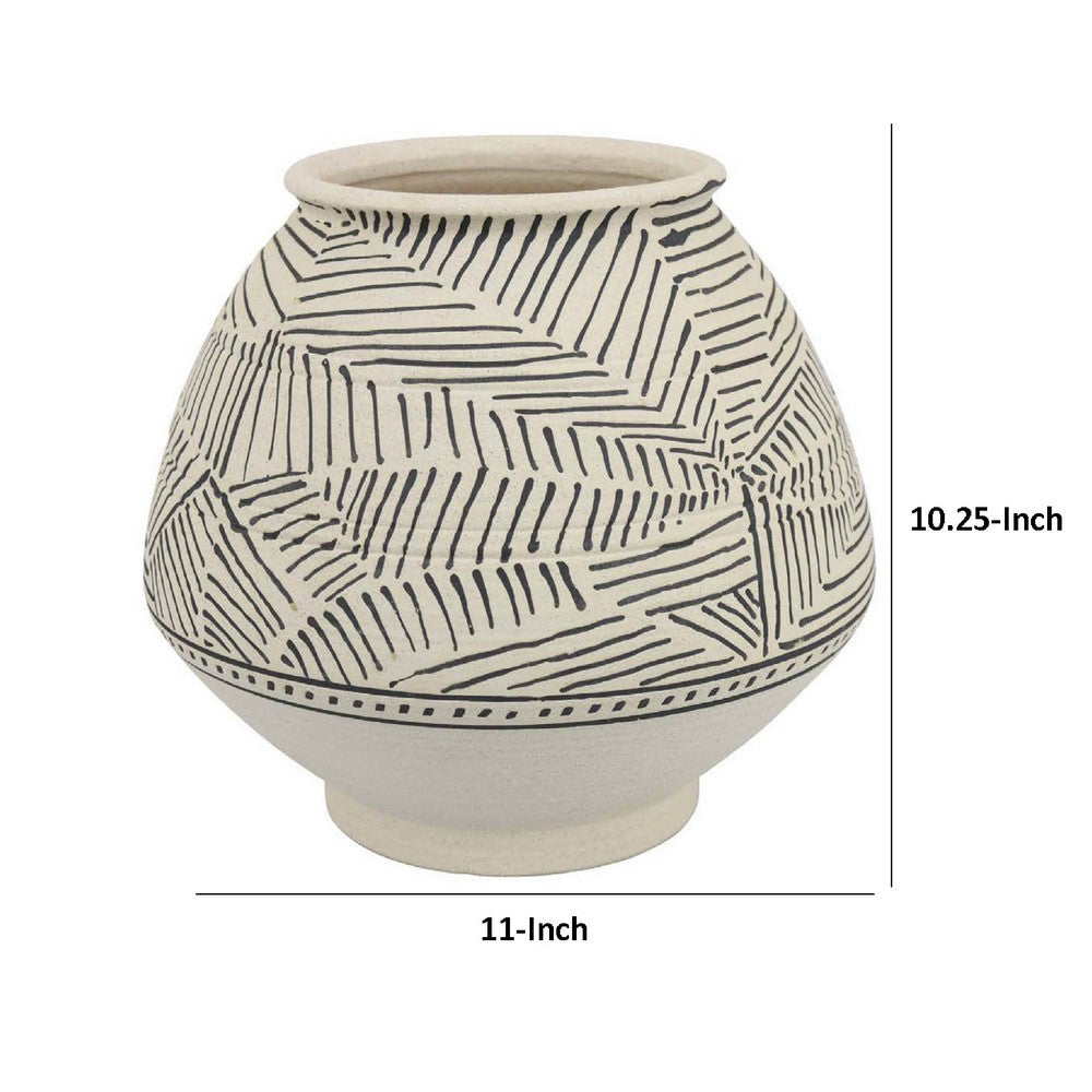 Rely Flower Vase, 11 Inch Round, Black and White Textured Ceramic -BM335612