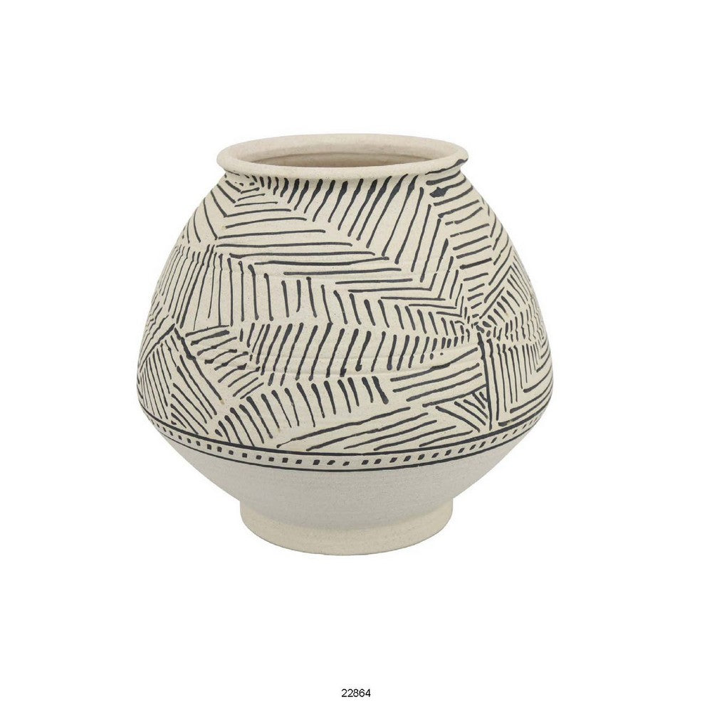 Rely Flower Vase, 11 Inch Round, Black and White Textured Ceramic -BM335612