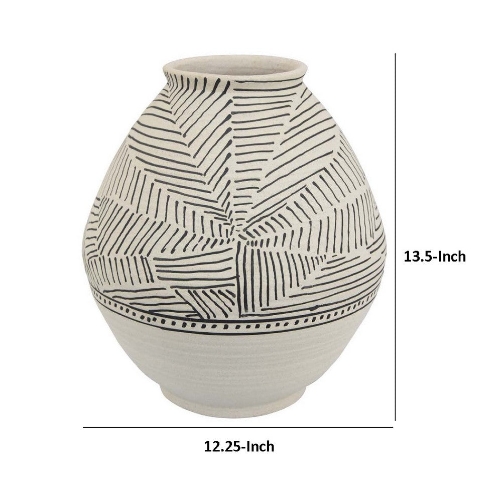 Rely Tall Flower Vase, 14 Inch Round, Black and White Textured Ceramic -BM335613