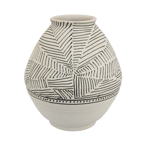 Rely Tall Flower Vase, 14 Inch Round, Black and White Textured Ceramic -BM335613