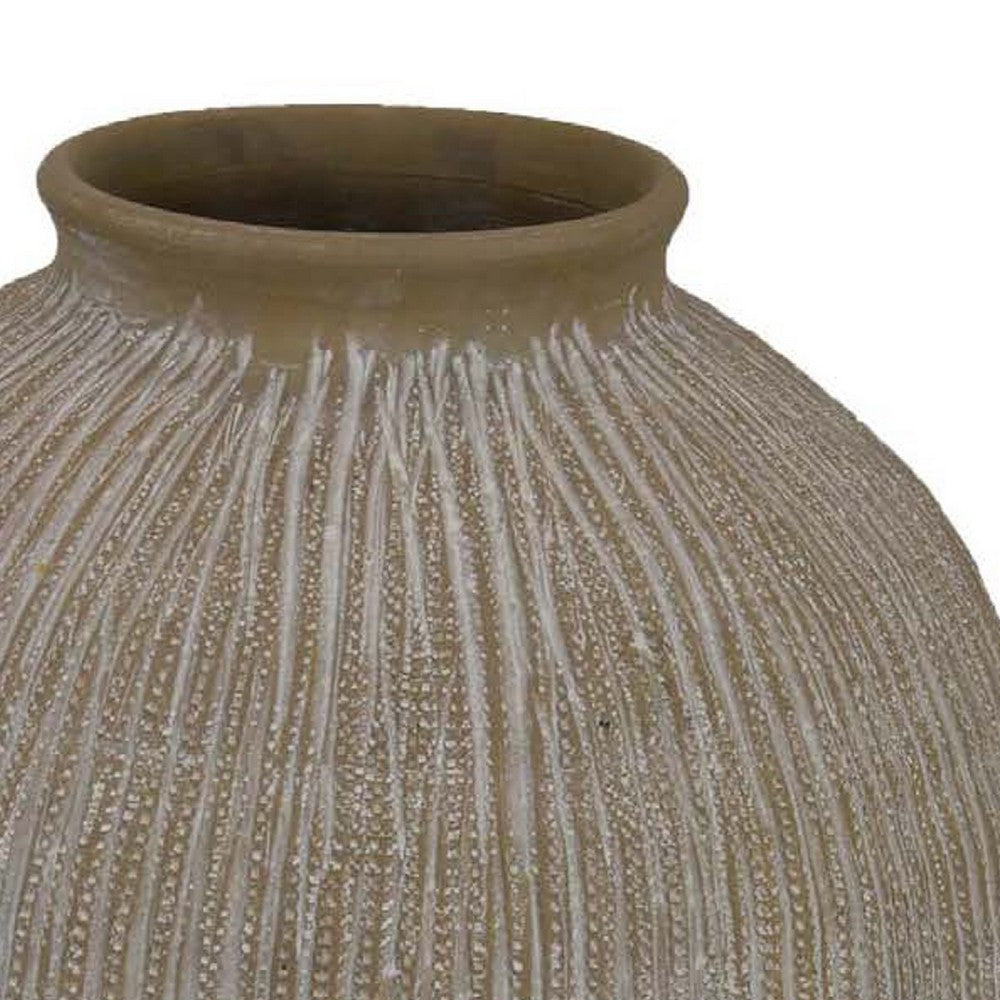 Liv Decorative Round Vase, 15 Inch Brown Gray Striped Terracotta -BM335626