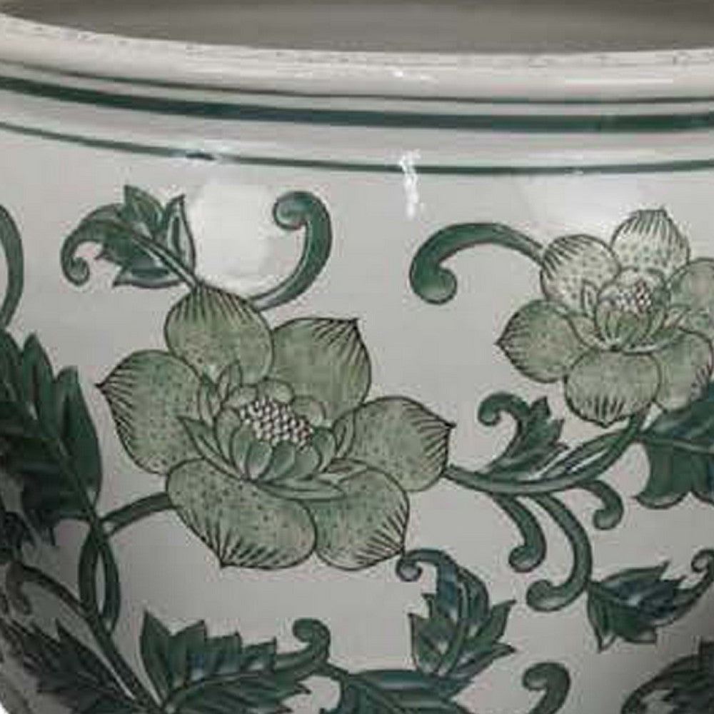 Hely 3 Planter Set, Green White Floral Glazed Ceramic 16, 12, 8 Inch -BM335633