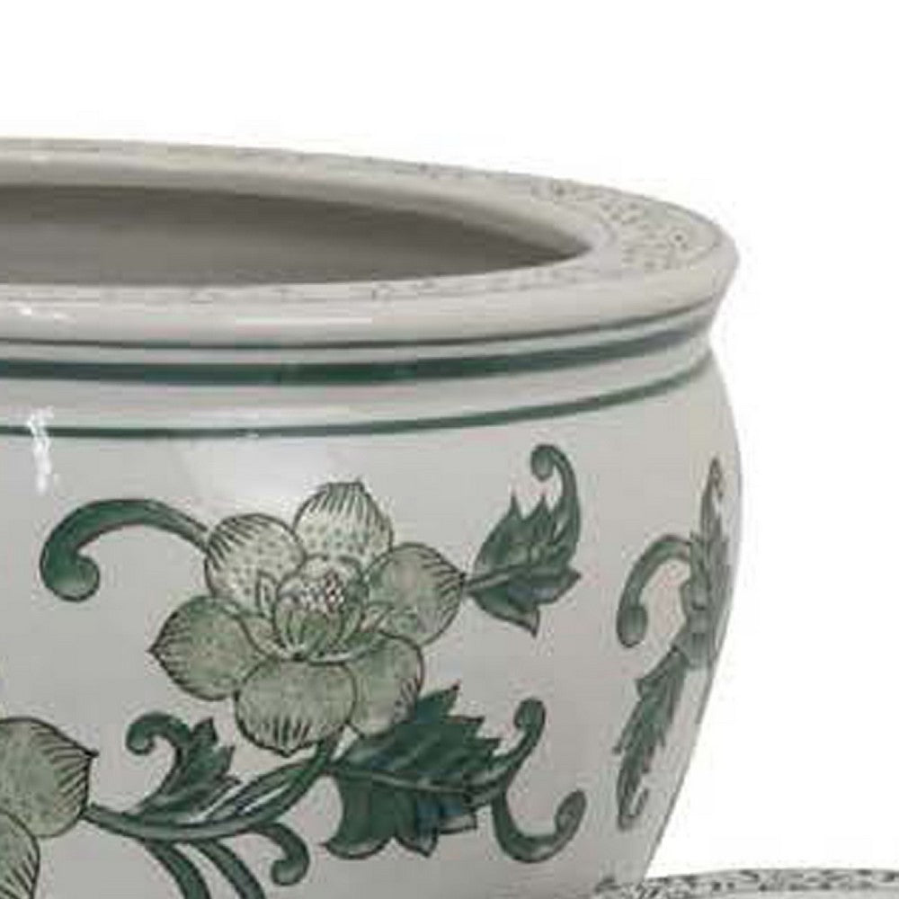Hely 3 Planter Set, Green White Floral Glazed Ceramic 16, 12, 8 Inch -BM335633