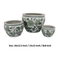 Hely 3 Planter Set, Green White Floral Glazed Ceramic 16, 12, 8 Inch -BM335633