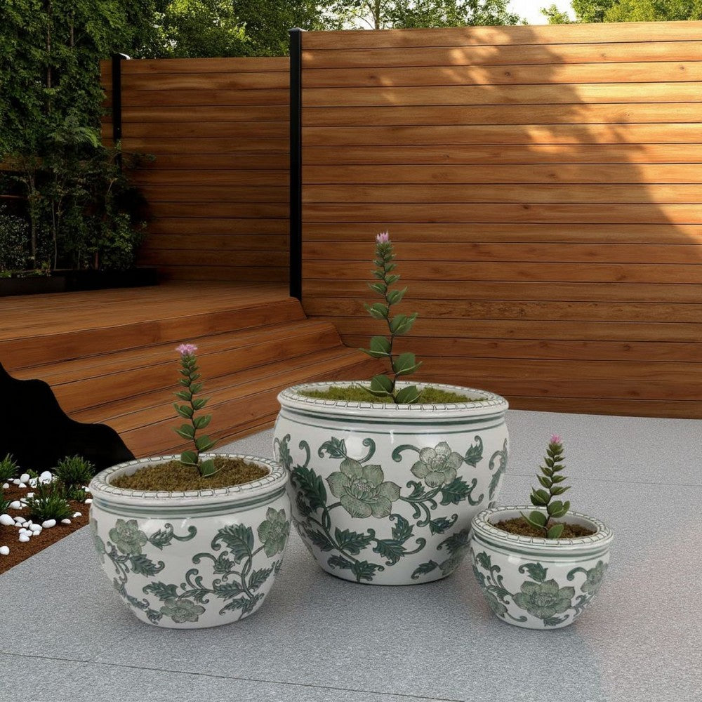 Hely 3 Planter Set, Green White Floral Glazed Ceramic 16, 12, 8 Inch -BM335633