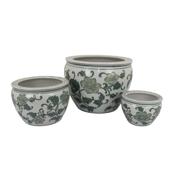 Hely 3 Planter Set, Green White Floral Glazed Ceramic 16, 12, 8 Inch -BM335633