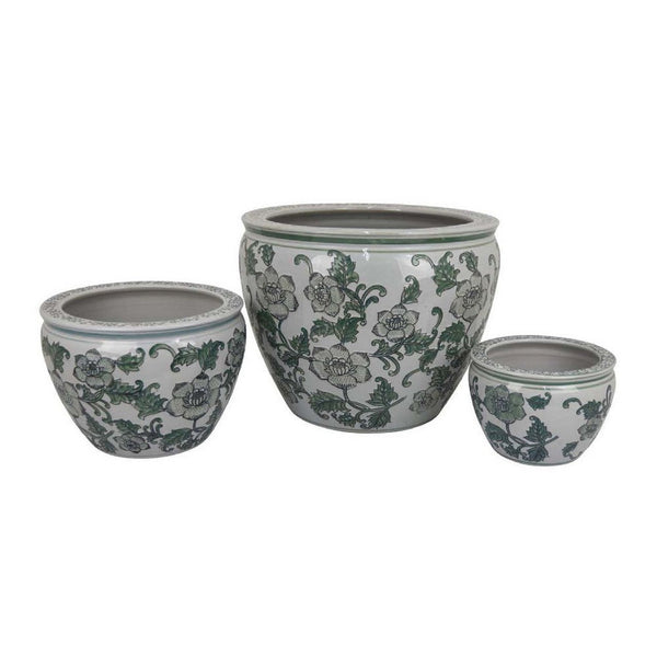 Hely 3 Planter Set, Green Vine Pattern Gray Ceramic 20, 14, 10 Inch -BM335634