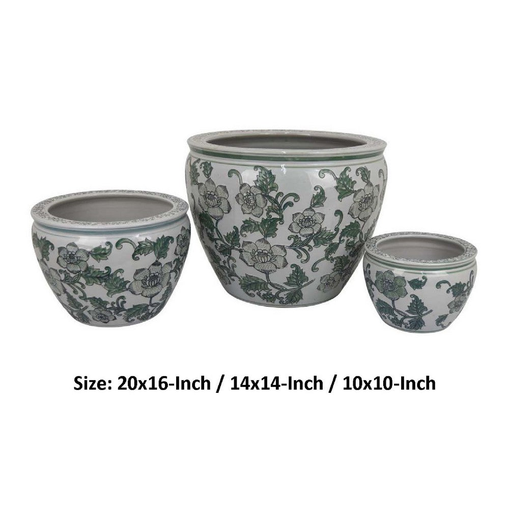 Hely 3 Planter Set, Green Vine Pattern Gray Ceramic 20, 14, 10 Inch -BM335634