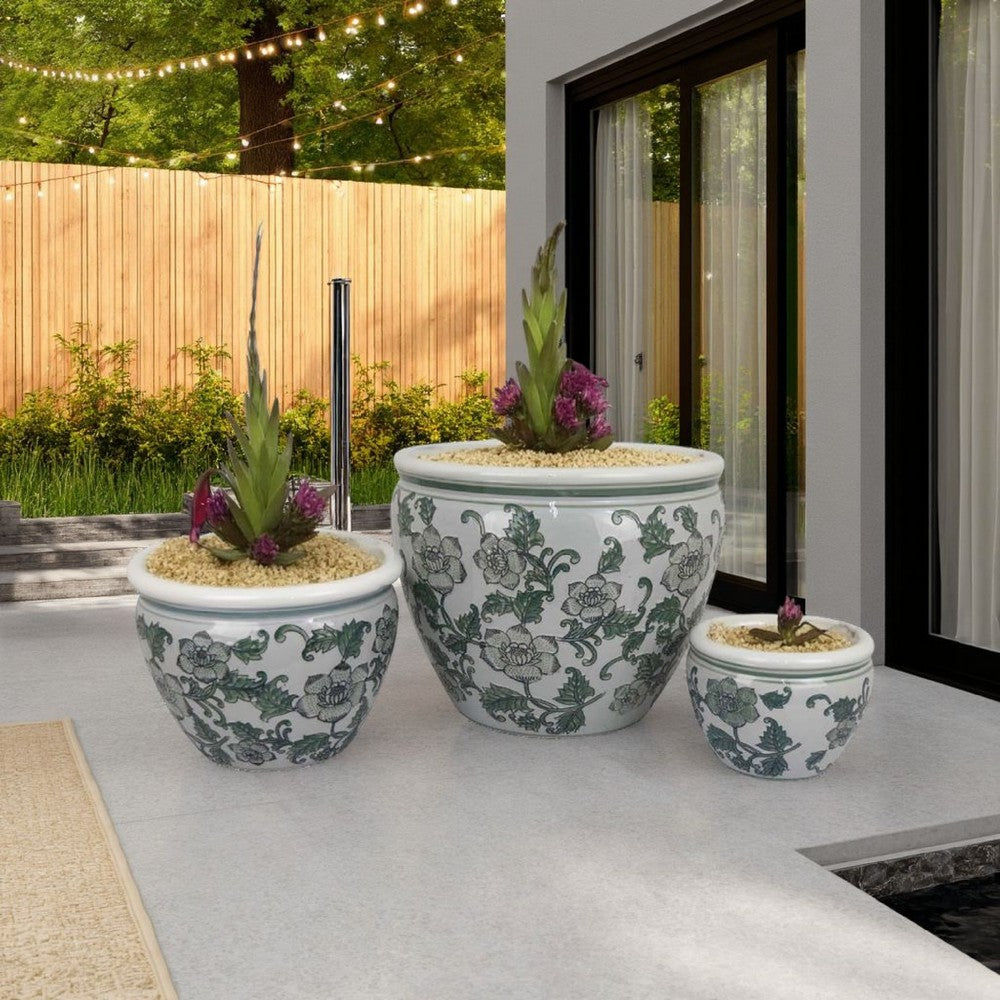 Hely 3 Planter Set, Green Vine Pattern Gray Ceramic 20, 14, 10 Inch -BM335634