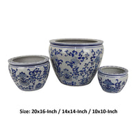 Hely 3 Planter Set, Blue Floral Vine Off White Ceramic 20, 14, 10 Inch -BM335635
