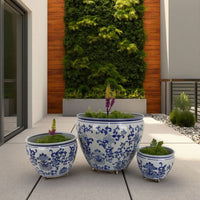 Hely 3 Planter Set, Blue Floral Vine Off White Ceramic 20, 14, 10 Inch -BM335635