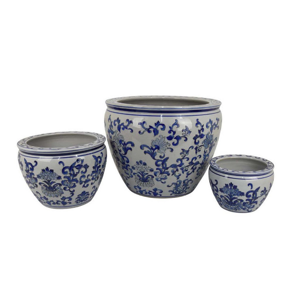 Hely 3 Planter Set, Blue Floral Vine Off White Ceramic 20, 14, 10 Inch -BM335635
