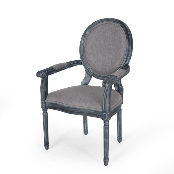 Dining Armchair Set of 2, Gray Rubberwood, Retro Round Fabric Back -BM335637