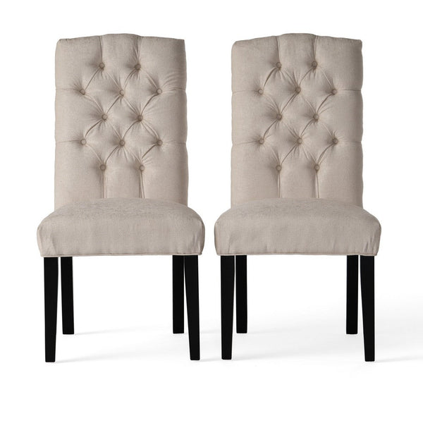 Elona Dining Chair Set of 2, Tufted Ivory Polyester, Black Solid Wood -BM335639
