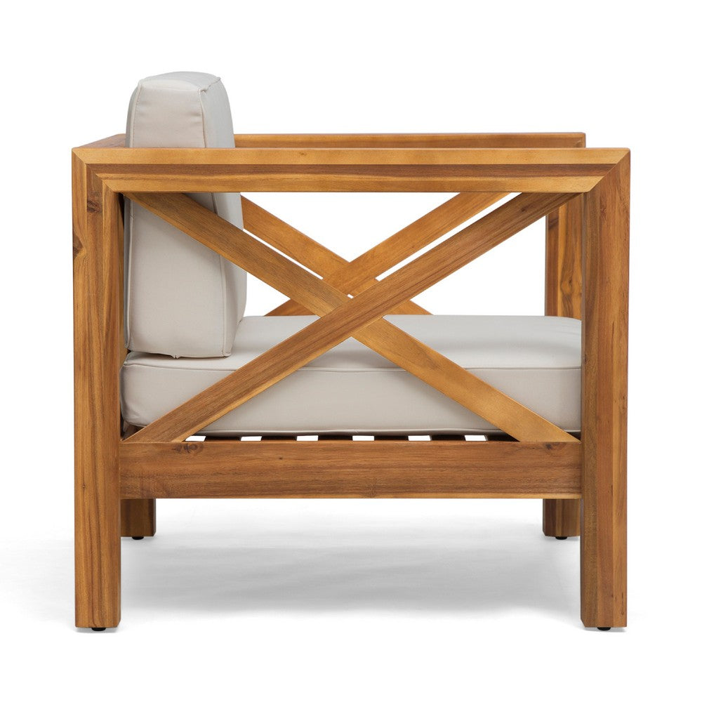 Juna Outdoor Club Chair, Beige Water-Resistant Fabric, Teak Brown Wood -BM335643
