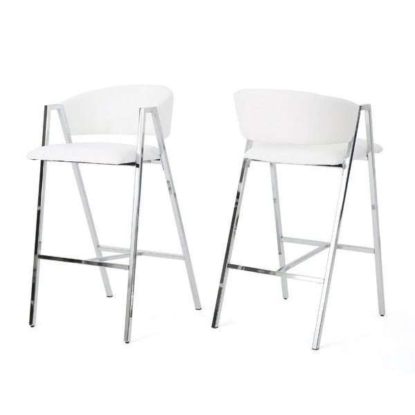 Zoy Barstool Chair Set of 2, Ivory Faux Leather, Chrome Metal Frame -BM335647