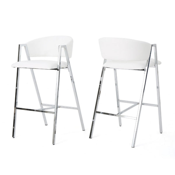 Zoy Barstool Chair Set of 2, Ivory Faux Leather, Chrome Metal Frame -BM335647