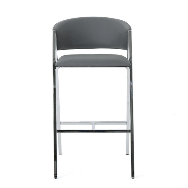 Zoy Barstool Chair Set of 2, Gray Faux Leather Padded, Chrome Iron -BM335648