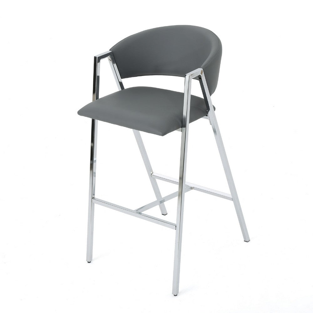 Zoy Barstool Chair Set of 2, Gray Faux Leather Padded, Chrome Iron -BM335648