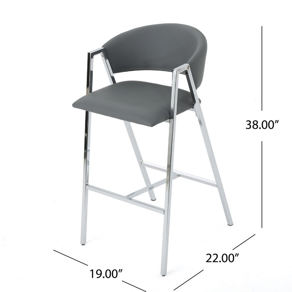Zoy Barstool Chair Set of 2, Gray Faux Leather Padded, Chrome Iron -BM335648