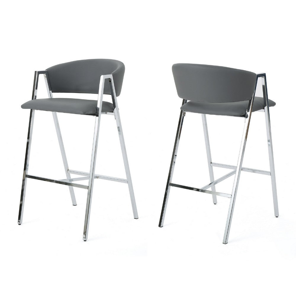 Zoy Barstool Chair Set of 2, Gray Faux Leather Padded, Chrome Iron -BM335648