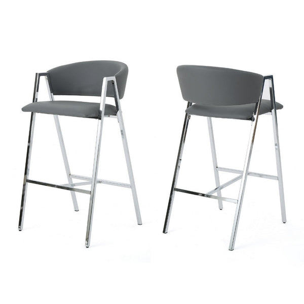 Zoy Barstool Chair Set of 2, Gray Faux Leather Padded, Chrome Iron -BM335648