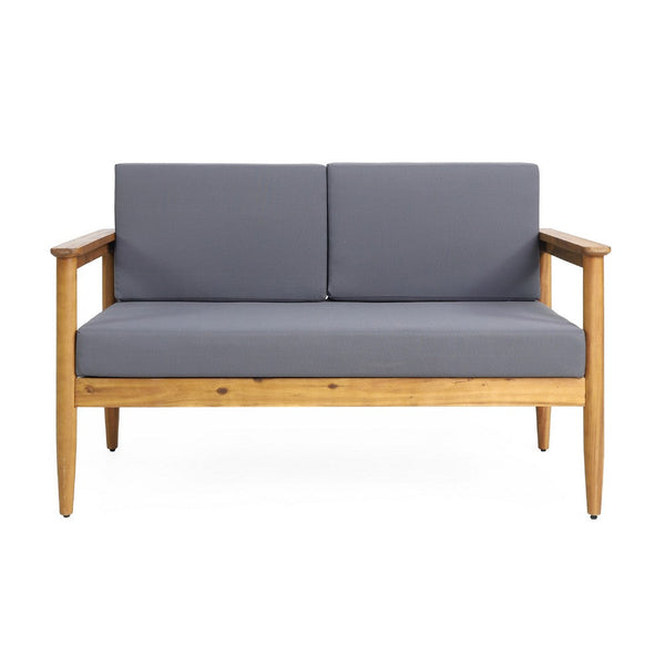Gavie Outdoor Loveseat, Teak Brown Acacia Wood, Gray Fabric 53 Inch -BM335649