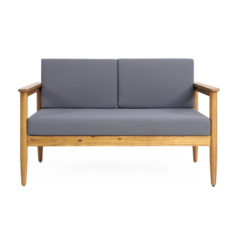Gavie Outdoor Loveseat, Teak Brown Acacia Wood, Gray Fabric 53 Inch -BM335649