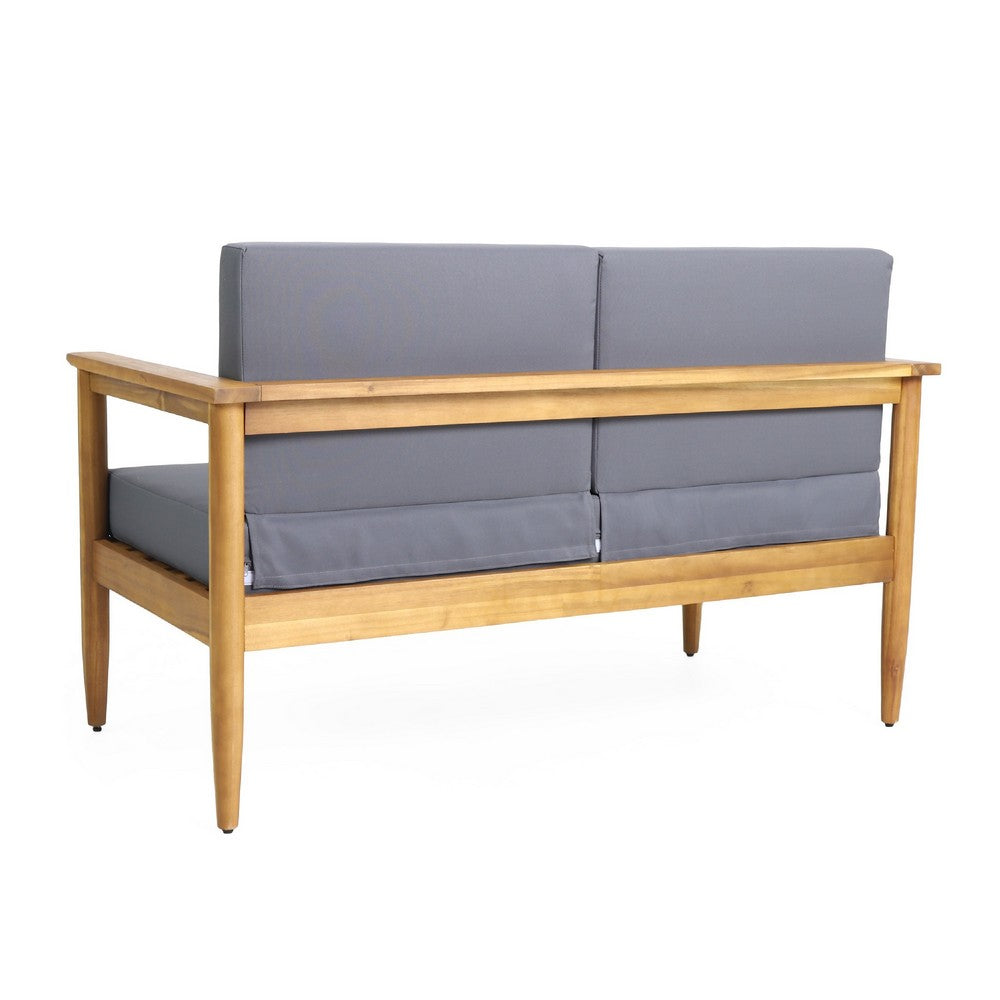 Gavie Outdoor Loveseat, Teak Brown Acacia Wood, Gray Fabric 53 Inch -BM335649