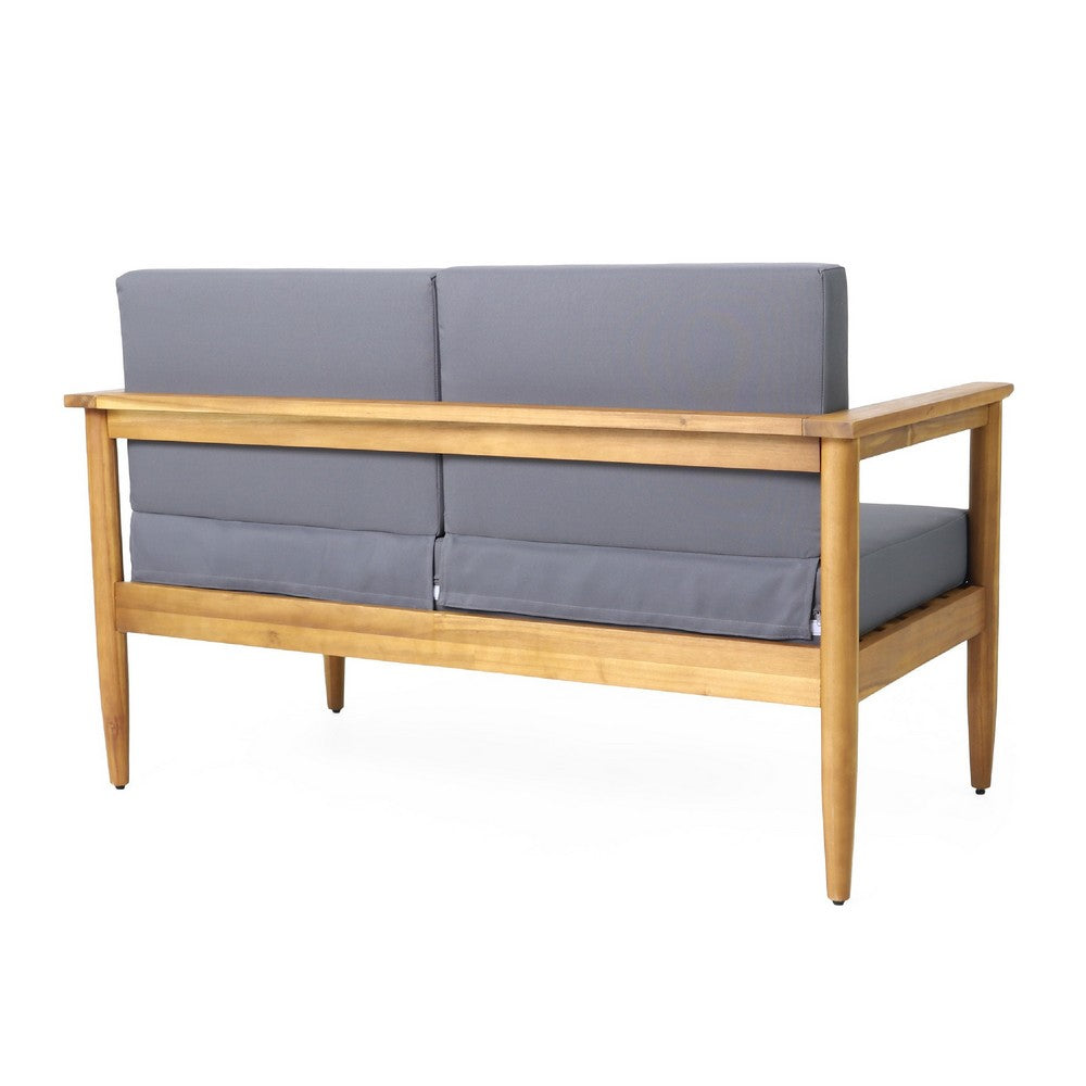 Gavie Outdoor Loveseat, Teak Brown Acacia Wood, Gray Fabric 53 Inch -BM335649