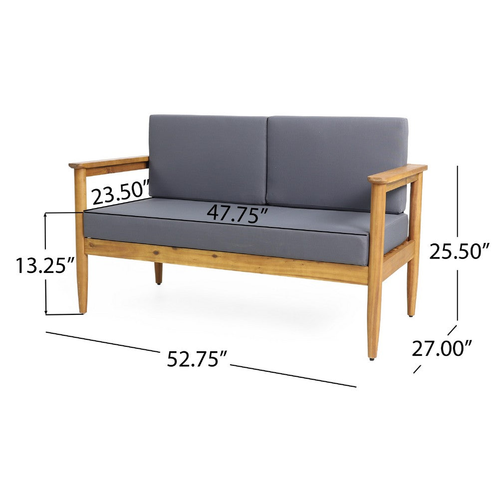 Gavie Outdoor Loveseat, Teak Brown Acacia Wood, Gray Fabric 53 Inch -BM335649