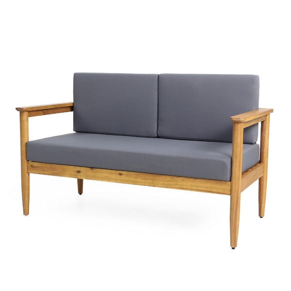 Gavie Outdoor Loveseat, Teak Brown Acacia Wood, Gray Fabric 53 Inch -BM335649