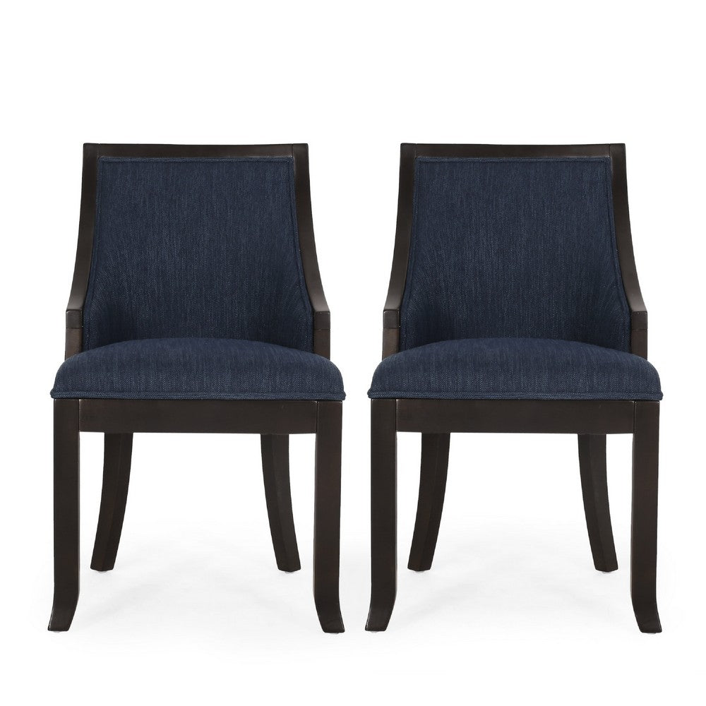 Dining Chair Set of 2, Navy Blue Fabric Cushioned, Brown Solid Wood -BM335650