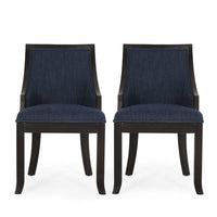 Dining Chair Set of 2, Navy Blue Fabric Cushioned, Brown Solid Wood -BM335650