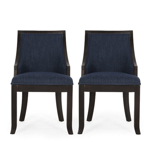 Dining Chair Set of 2, Navy Blue Fabric Cushioned, Brown Solid Wood -BM335650
