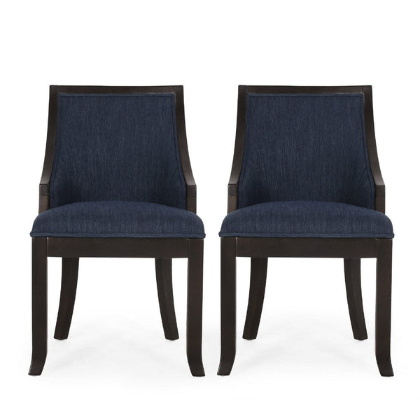 Dining Chair Set of 2, Navy Blue Fabric Cushioned, Brown Solid Wood -BM335650