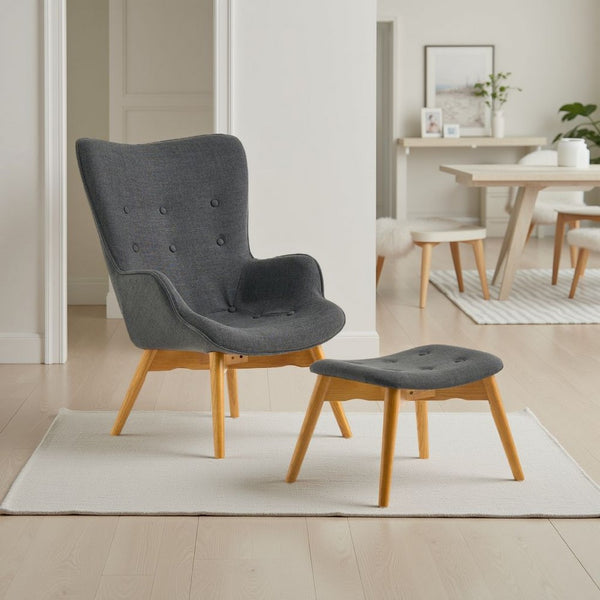 Contour Accent Chair and Ottoman Set, Dark Gray Fabric, Brown Ashwood -BM335652
